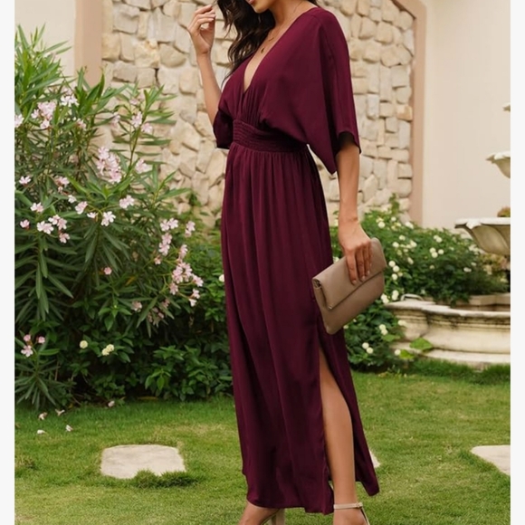 Maxi deep v neck batwing short sleeve smocked waist dress XL ruby red - Picture 3 of 4